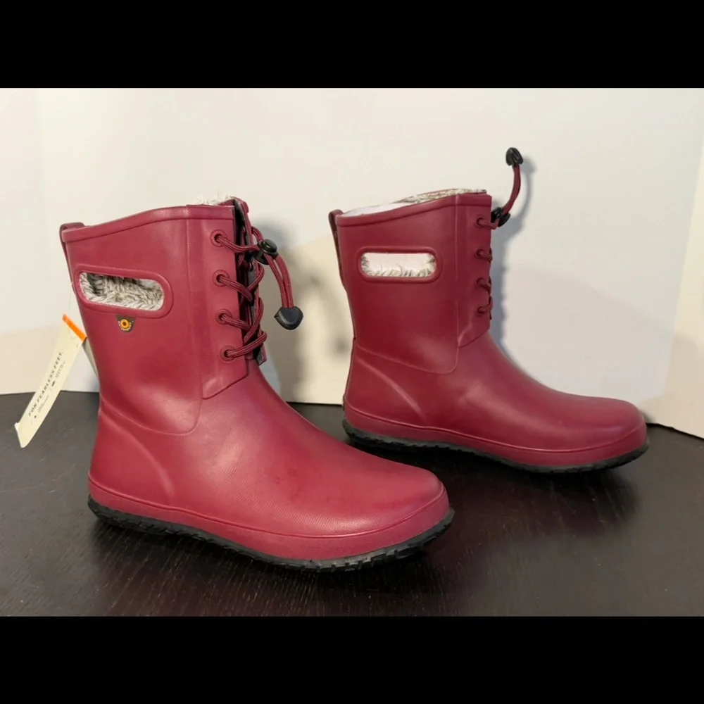 Bogs Amanda Plush II Lace Waterproof Rain Boots Cranberry Youth US 7/EU 40